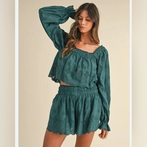 Mable Dark Teal Eyelet Lantern Sleeve Scalloped Hem Cropped Top size Small